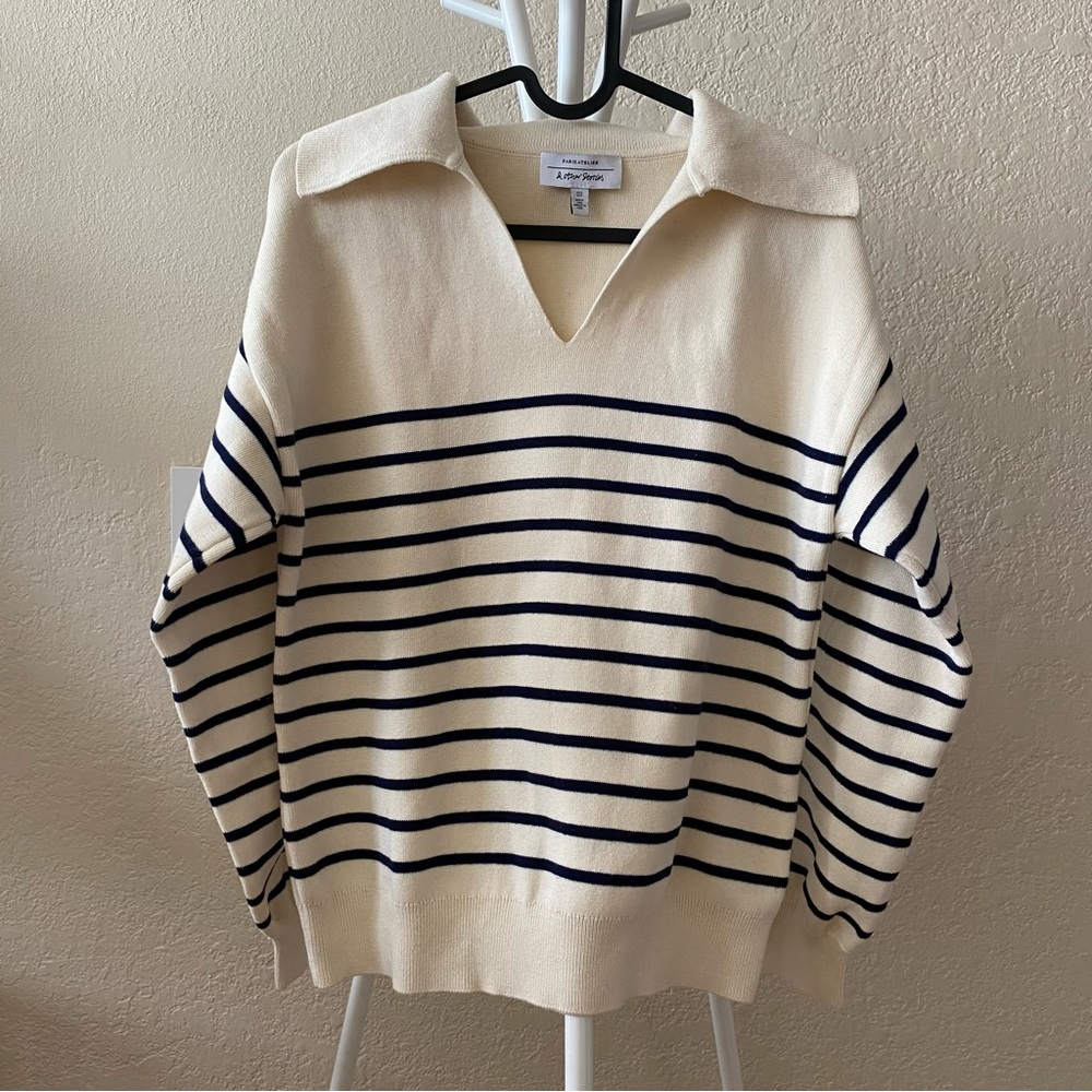 & other stories Relaxed Collared Sweater Size Small Navy White stripes